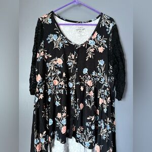 Torrid Black Floral Blouse with Lace Detail